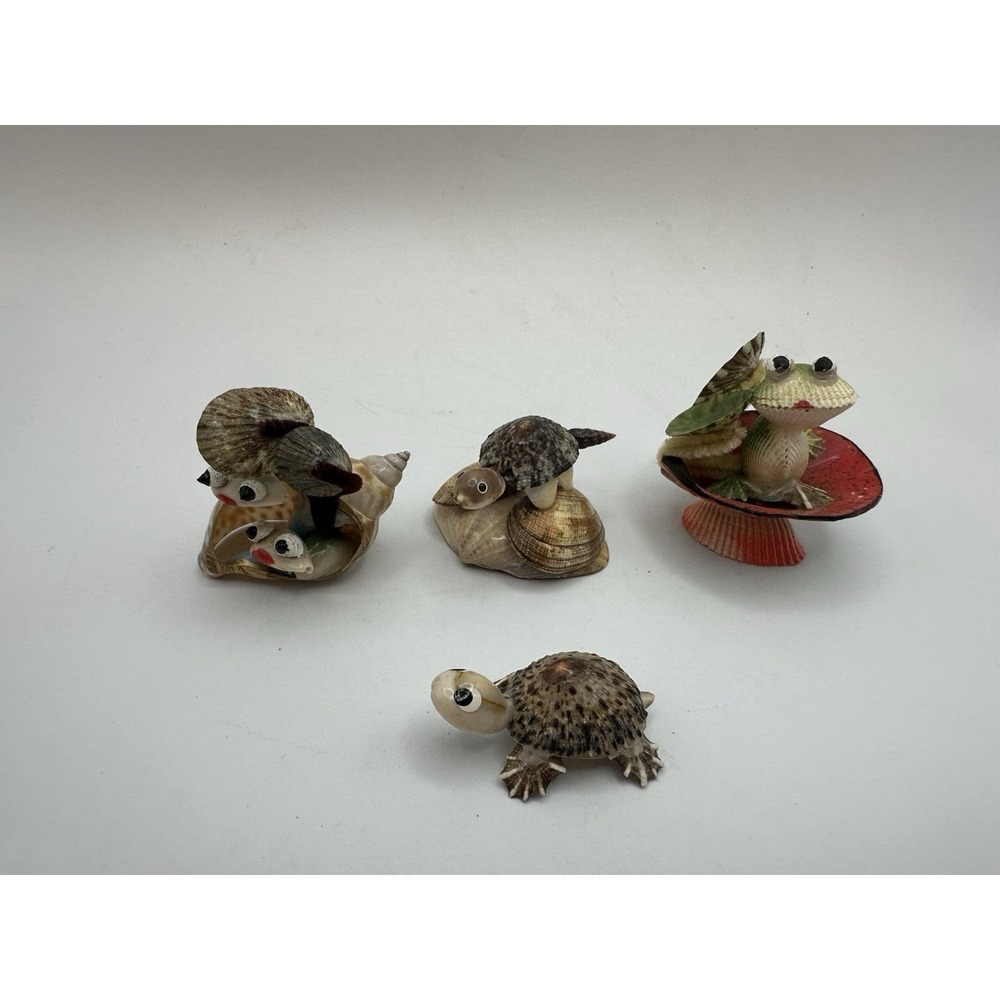 Vintage Shell Animal Figurines Lot – Coastal Beach Decor – Turtle Frog Shell Art